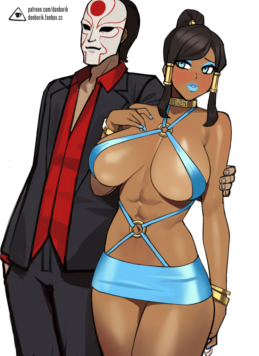 1boy 1girls amon avatar_legends bimbo blue_eyes blue_lipstick blue_nails bodycon breasts brown_hair choker clothing dark-skinned_female dark_skin donburikazoku female huge_breasts korra large_breasts lipstick long_hair male mask masked_male miniskirt nail_polish nickelodeon o-ring o-ring_dress ponytail skirt the_avatar the_legend_of_korra thick_thighs very_high_resolution water_tribe wide_hips