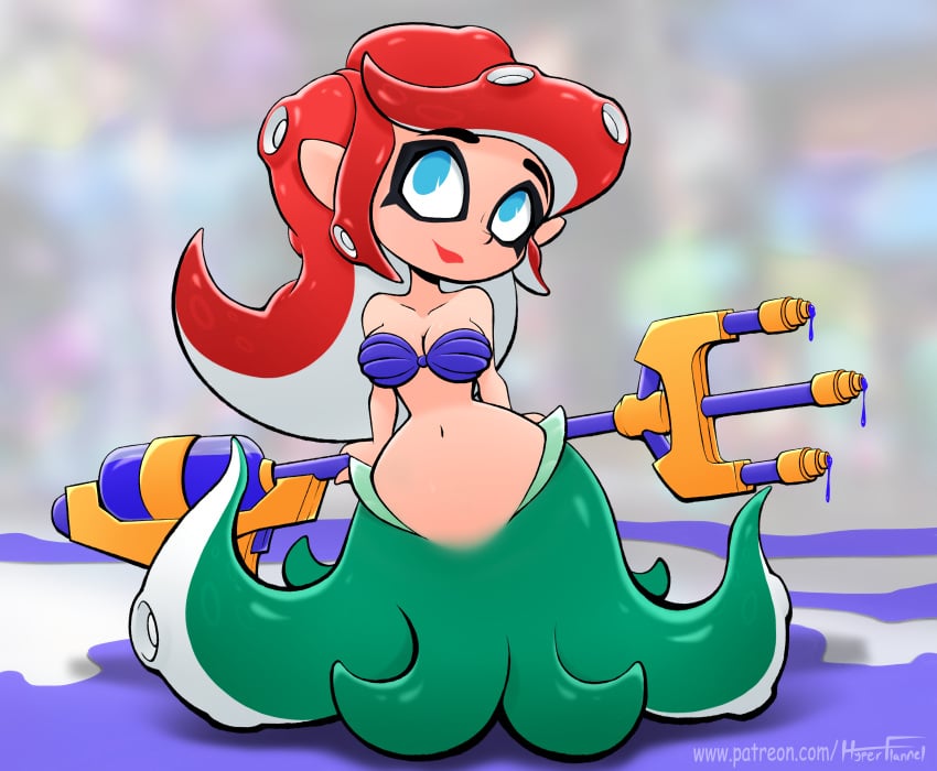 ariel ariel_(cosplay) bikini_top cleavage disney disney_princess fusion hourglass_figure hyperflannel inkling mermaid midriff nintendo octoling scylla seashell_bikini seashell_bra shell_bikini shell_bra splatoon tentacle the_little_mermaid thin_waist trident wide_hips