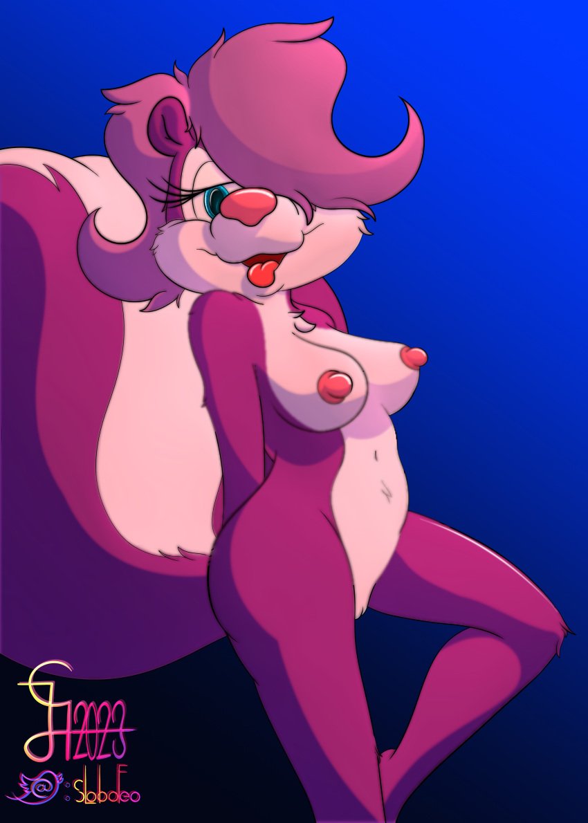 absurd_res anthro aroused aroused_smile blep blue_eyes breasts female fifi_la_fume hi_res lobofeo mammal mephitid nude pink_body purple_fur skunk solo tiny_toon_adventures tongue tongue_out warner_brothers