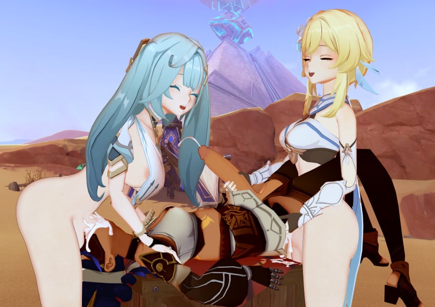 3d 3futas balls blonde blonde_female blonde_hair blonde_hair_female blowjob blue_fur blue_hair_female clothed clothed_sex clothing cumshot dark-skinned_futanari dark_skin erection eremite_(genshin_impact) faruzan_(genshin_impact) flower_in_hair futa_only futaflux futanari genshin_impact hair_flower hair_ornament happy happy_female happy_futa happy_sex huge_cock human jeht_(genshin_impact) large_penis light-skinned_futanari light_skin lumine_(genshin_impact) mostly_clothed nude on_back outdoors outside penis self_upload short_hair short_hair_female short_hair_with_long_locks spitroast white_flower