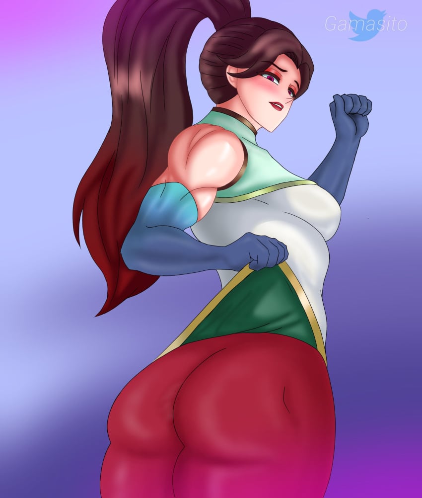 big_ass big_breasts big_butt brown_hair chinese_clothes condom gamasito masha_(mobile_legends) mobile_legends mobile_legends:_adventure mobile_legends:_bang_bang muscles muscular_female red_body red_lipstick seducing seductive_eyes seductive_look seductive_mouth seductive_pose seductive_smile