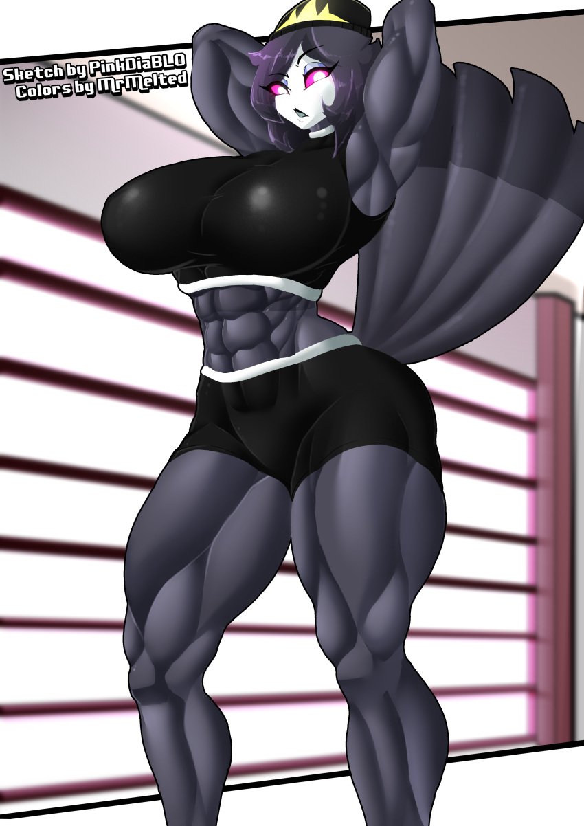 1girls abs anthro anthro_only arms_up avian biceps big_breasts black_hair breasts clothing colored_sketch crop_top demon demon_girl female female_only gym hands_behind_head hat helluva_boss huge_breasts indoors looking_at_viewer mrmelted muscular_female octavia_(helluva_boss) owl pinkdiablo shorts solo tall tall_female taller_girl thick_thighs thunder_thighs wide_hips workout_clothes