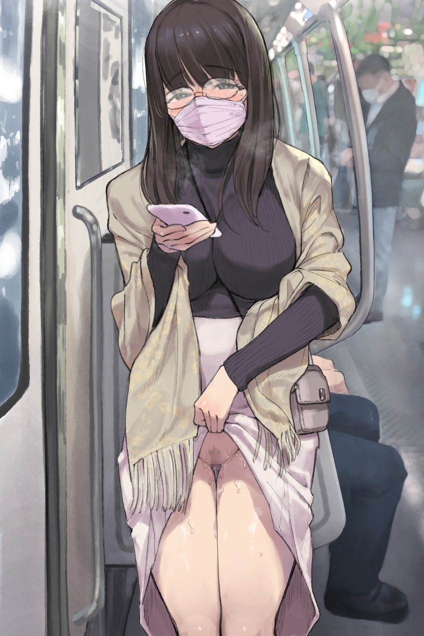 absurdres bag bangs between_breasts black_eyes black_hair black_sweater blunt_bangs blush breasts cellphone censored chijo clothes_lift female female_pervert glasses groin highres holding holding_phone large_breasts lifted_by_self long_hair long_skirt long_sleeves looking_at_viewer mask mosaic_censoring no_panties original pervert phone photo_background pubic_hair pussy pussy_juice shawl shoulder_bag skirt skirt_lift smartphone sparse_pubic_hair strap_between_breasts sweat sweater turtleneck turtleneck_sweater white_skirt yomoda_yomo