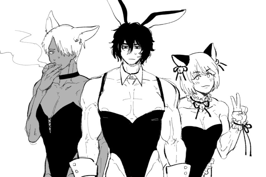 3boys ambush_(trap) areola_slip bell_collar blush bunny_ears bunnysuit cat_ears catboy choker cigarette collar crossdressing dark-skinned_male dark_skin detached_collar embarrassed frills hair_over_one_eye himuro_ryo imai_cosmo kengan_(series) kengan_ashura looking_at_viewer mahuri male male_only manly_crossdresser monochrome muscular muscular_male smile smoking sweatdrop tokita_ohma toned toned_male v wolf_boy wolf_ears wrist_cuffs