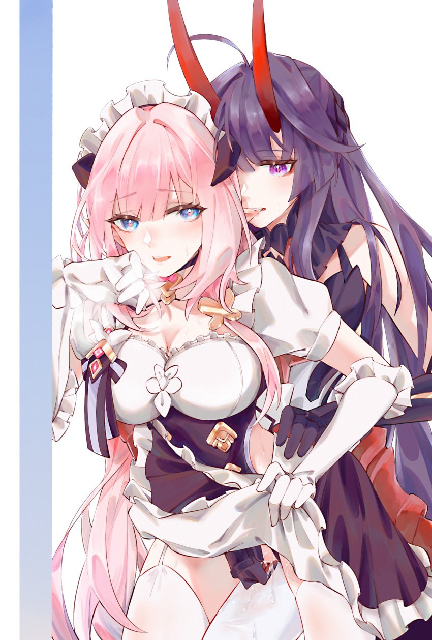 2girls absurdres alternate_costume apron biting breasts cleavage dress ear_biting elysia_(honkai_impact) enmaided gloves highres homula9 honkai_(series) honkai_impact_3rd horns long_hair maid maid_apron maid_headdress multiple_girls pink_hair pointy_ears purple_eyes pussy pussy_juice raiden_mei sleeveless sleeveless_dress straight thighhighs white_gloves white_thighhighs yuri