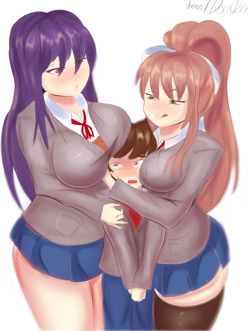 1boy 2girls big_breasts brown_hair doki_doki_literature_club embarrassed femdom green_eyes larger_female lewddoodler mc_(doki_doki_literature_club!) miniskirt monika_(doki_doki_literature_club) multiple_girls purple_eyes purple_hair school_uniform schoolgirl smaller_male squished_between_breasts submissive_male thighhighs thighs yuri_(doki_doki_literature_club)