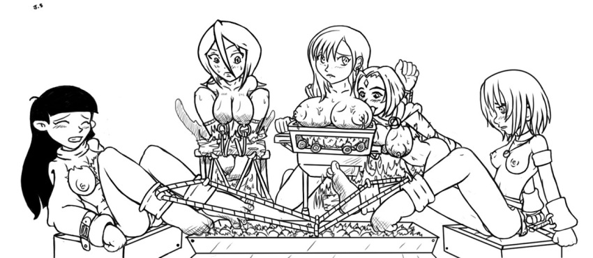 5girls bleach blunt_bangs breasts burn cannibalism codename:_kids_next_door cooked_alive cooking dc dc_comics disney feet feet_torture female_only final_fantasy final_fantasy_vii fire forehead_jewel gynophagia heat jim_sugomi kairi kingdom_hearts kuchiki_rukia kuki_sanban lineart medium_breasts monochrome naked_cape nipple_piercing nipples nude numbuh_3 rachel_roth raven_(dc) simple_background sitting small_breasts smooth_skin square_enix teen_titans tifa_lockhart white_background