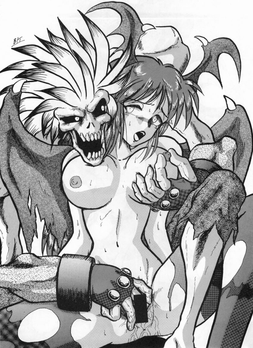 1990s 1994 20th_century bit_(kacchuu_musume) black_and_white censored darkstalkers fingering lord_raptor medium_breasts morrigan_aensland tagme