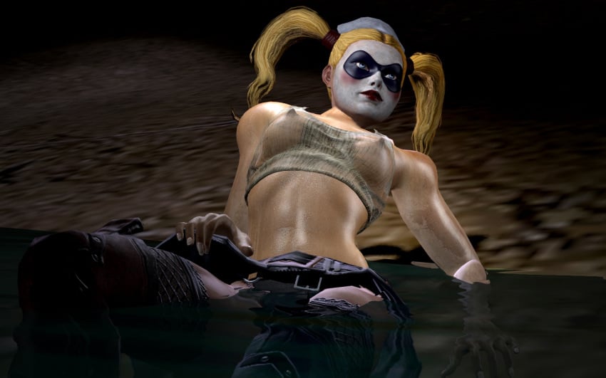 1girls 3d 3d_(artwork) batman:_arkham_asylum batman_(series) blonde_female blonde_hair breasts dc dc_comics female female_only harley_quinn harley_quinn_(arkham) harley_quinn_(arkham_asylum) human lipstick nipples rastifan red_lipstick rocksteady_studios see-through_top solo wet_clothes white_female