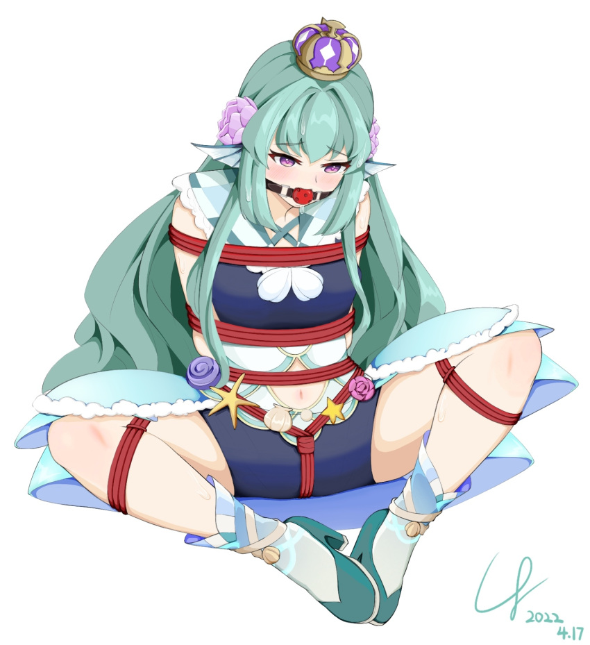 1girls arms_behind_back arms_tied arms_tied_behind_back ball_gag belly_button blush bondage crown finana_ryugu fish_girl gag gagged green_hair head_fins legs_tied mouth_gag navel nijisanji nijisanji_en purple_eyes solo solo_female solo_focus tied_legs tied_up virtual_youtuber white_background