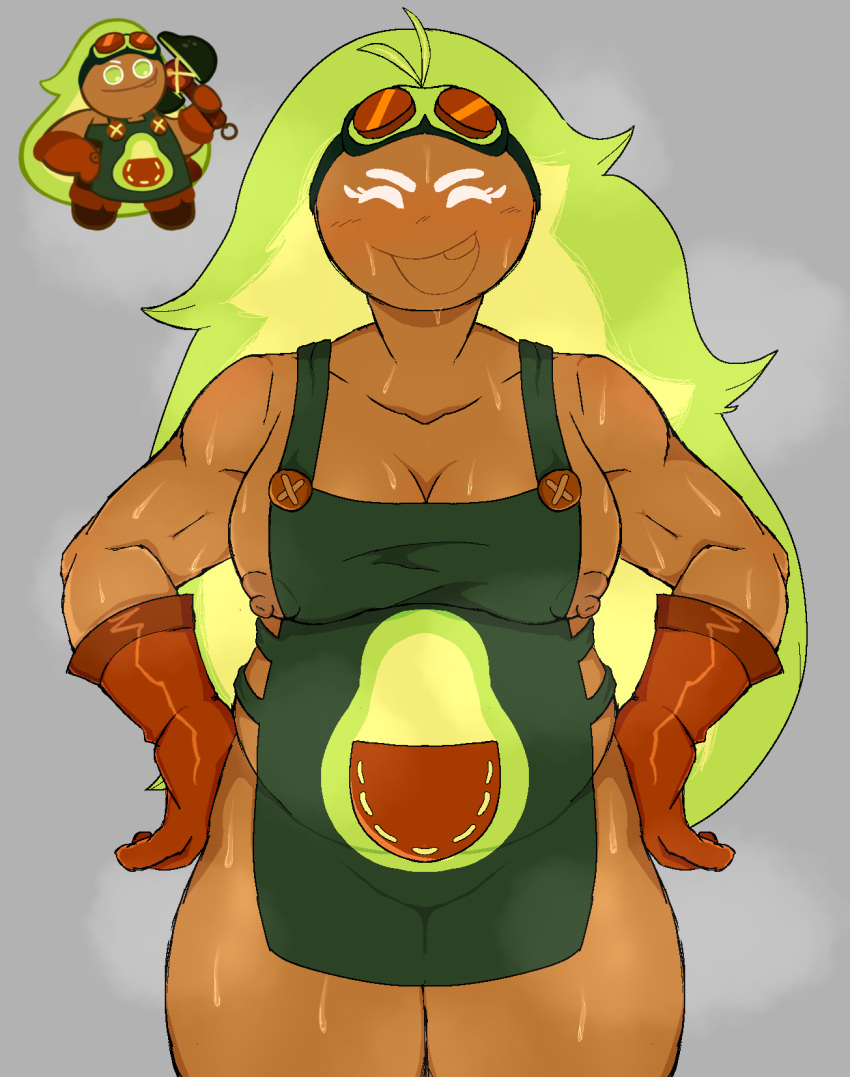 alternate_version_available apron avocado_cookie blush breasts chubby chubby_female closed_eyes cookie_run dark_skin doodled4wg gloves goggles goggles_on_forehead goggles_on_head green_hair happy living_food long_hair mostly_nude naked_apron open_mouth puffy_nipples self_upload simple_background single_tooth smile steam steaming_body sweat sweatdrop sweaty sweaty_body