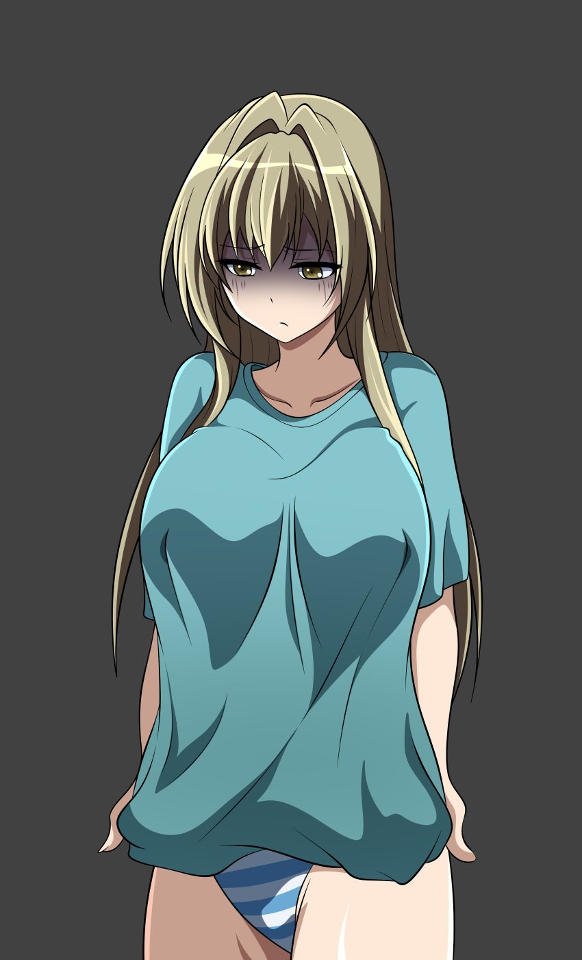 1girls amagi_brilliant_park anime_style big_breasts blonde_hair breasts color colored female female_only gold_eyes huge_breasts large_breasts nipples_visible_through_clothing oldhorrorz panties pony_tail sento_isuzu shimapan shirt shirt_only solo solo_female yellow_eyes