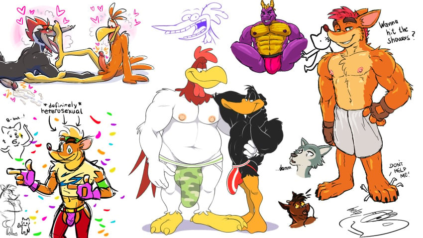 activision anatid anseriform anthro anti_dev avian bandicoot beastars better_version_at_source big_bulge bird bulge canid canine canis cartoon_network chicken chicken_(cow_and_chicken) clothing cocoa_puffs cow_and_chicken crash_(series) crash_bandicoot crew_(anti_dev) crossover cuculiform daffy_duck dragon dream_and_nightmare duck foghorn_leghorn foot_fetish foot_lick foot_play galliform gallus_(genus) gay general_mills genitals hi_res humanoid_genitalia humanoid_penis jockstrap legoshi_(beastars) licking looney_tunes male male/male male_only mammal marsupial mascot penis phasianid poppin sonny_the_cuckoo_bird spyro spyro_the_dragon stated_heterosexuality stated_sexuality tongue tongue_out towel underwear warner_brothers wolf yaoi