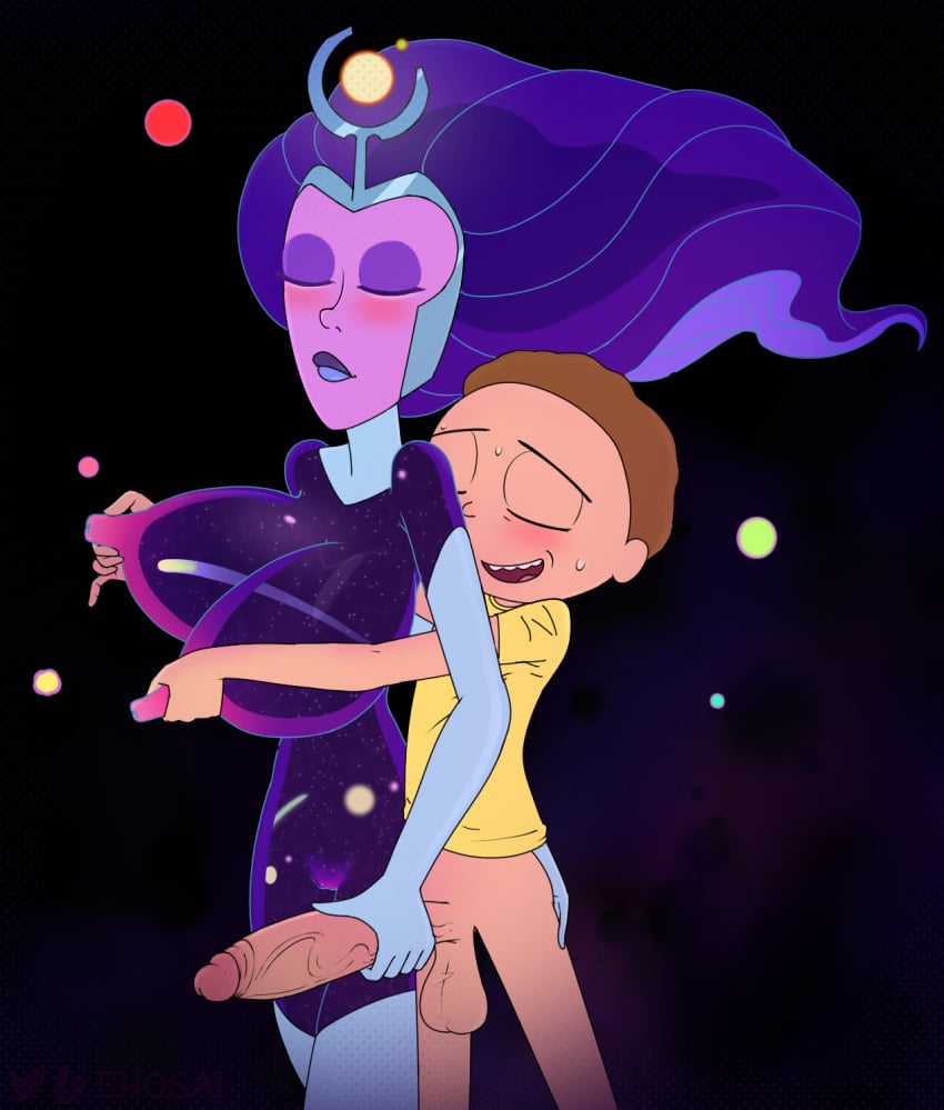 1boy 1girls 2d adult_swim breast_grab brown_hair diklonius female huge_breasts huge_cock human lips long_hair male morty_smith naked naked_female naked_male older_woman_and_younger_boy penis_grab purple_skin rick_and_morty supernova_(rick_and_morty) testicles