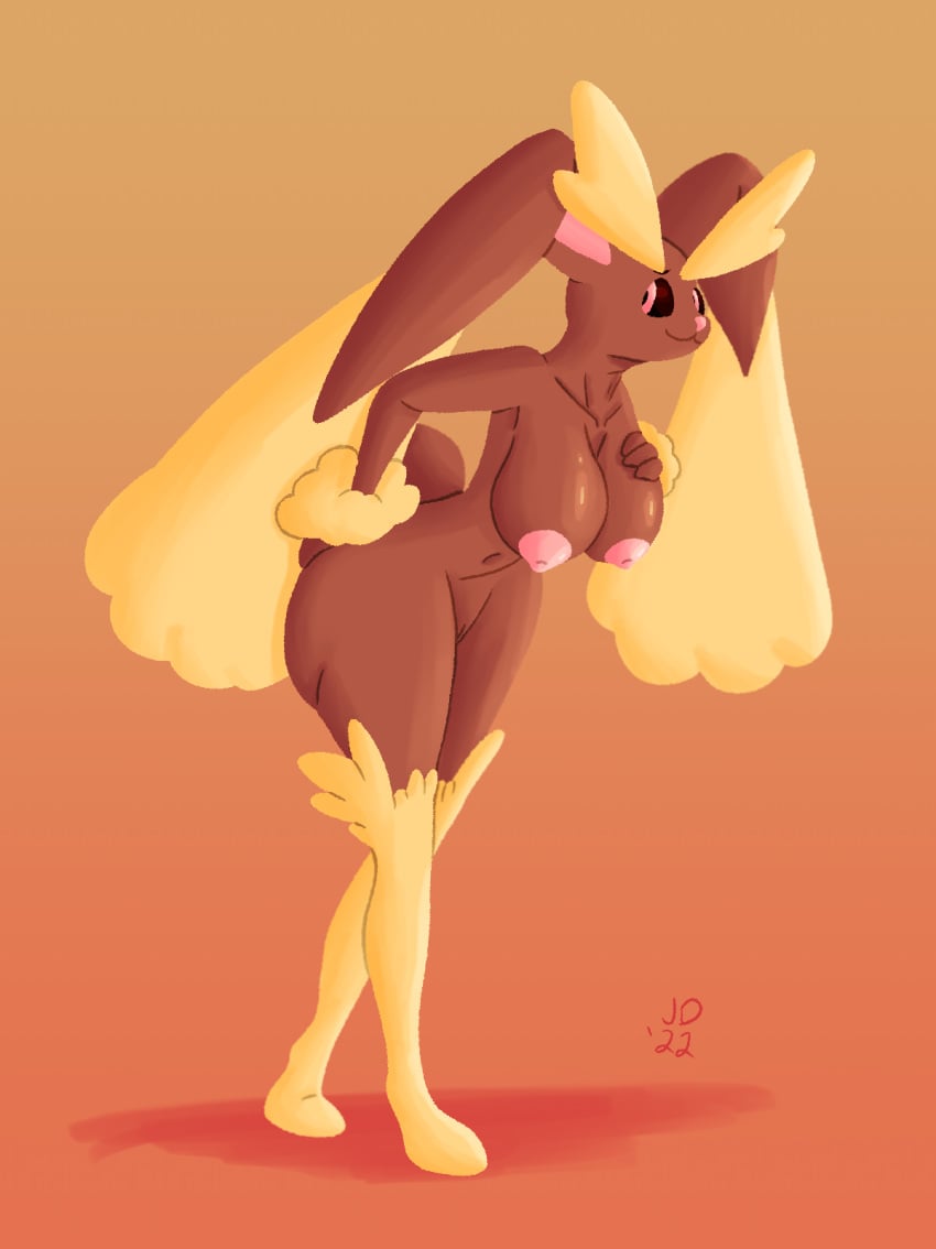 anthro big_breasts breasts female generation_4_pokemon hand_on_breast hand_on_butt hi_res jared_dillon lineless long_ears lopunny nintendo nipples pokémon_(species) pokemon pokemon_(species) simple_background solo thick_thighs