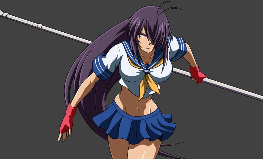 1girls anime_style big_breasts blue_eyes breasts color colored crossover dark-skinned_female dark_skin dragon_ball dragon_ball_z female huge_breasts ikkitousen kan'u_unchou kanu_unchou lance large_breasts miniskirt oc oldhorrorz purple_hair ready_for_battle ready_for_sex ready_to_fight school_uniform schoolgirl skirt weapon