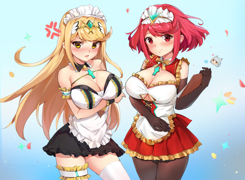 2girls apron armlet blonde_hair bowtie breasts clipboard core_crystal elbow_gloves fully_clothed gloves holding_clipboard kiiro_kimi large_breasts long_hair looking_at_viewer maid maid_apron maid_headdress maid_uniform mythra nia nintendo pantyhose pyra red_eyes red_hair short_hair thigh_strap thighhighs tiara waist_apron xenoblade_(series) xenoblade_chronicles_2 yellow_eyes