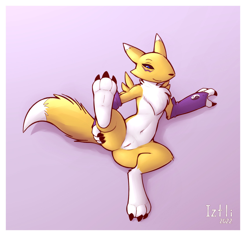 anthro ass bandai_namco chest_tuft claws clothing digimon digimon_(species) digitigrade female fingerless_gloves genitals gloves handwear hi_res iztli lying navel on_back presenting presenting_pussy pussy renamon smile solo spread_legs spreading tuft