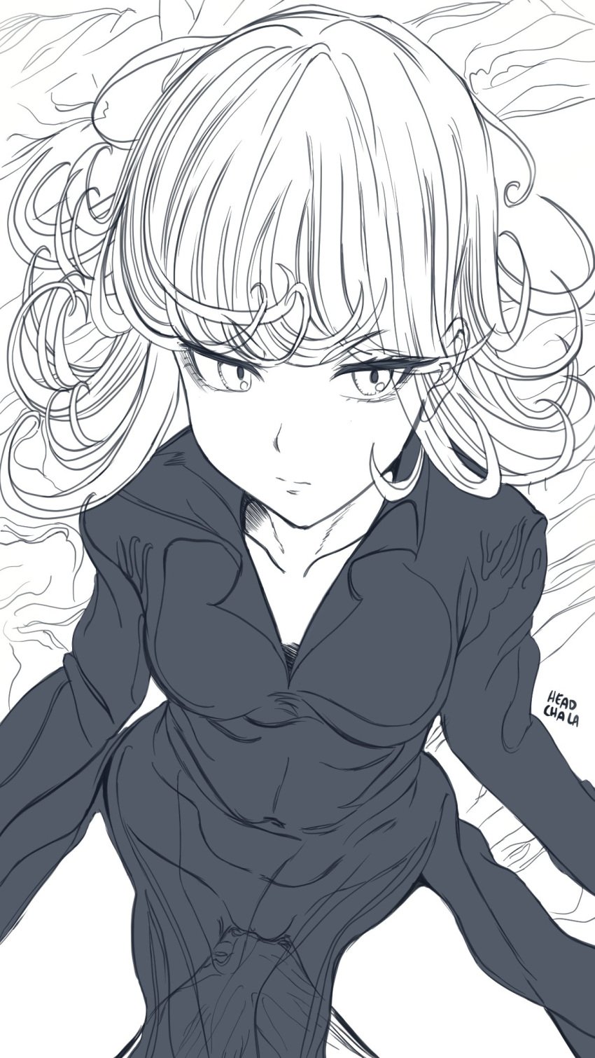 1girls breasts clothed clothing curly_hair female female_only head-cha-la looking_away monochrome one-punch_man pussy see-through_clothing sitting small_breasts solo solo_female spread_legs tatsumaki