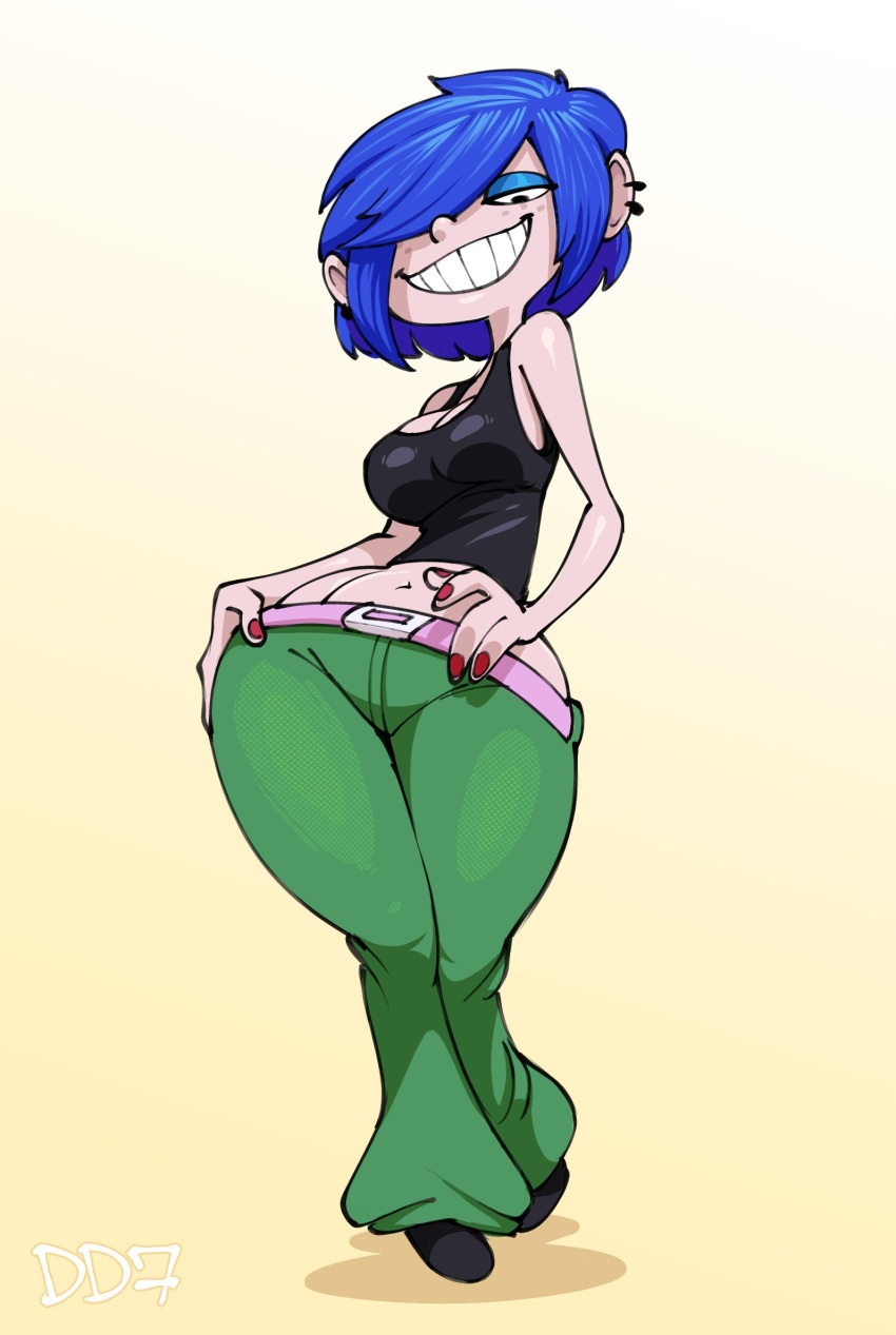 1boy 1girls 2d alternate_body_type alternate_breast_size belt big_breasts black_clothing black_eyes black_pupils black_shoes black_tank_top blue_hair breasts cartoon_network daredemon7000 ed_edd_n_eddy female female_focus female_human female_only fully_clothed green_pants hands_on_hips high_resolution highres human human_only kanker_sisters long_pants looking_at_viewer looking_down makeup male marie_kanker no_penetration no_sex painted_nails pants pierced_ears piercing piercings pink_belt red_nails short_hair simple_background smile smiley_face smiling smiling_at_viewer solo solo_female solo_focus standing tank_top thick_thighs trousers white_background white_body white_skin