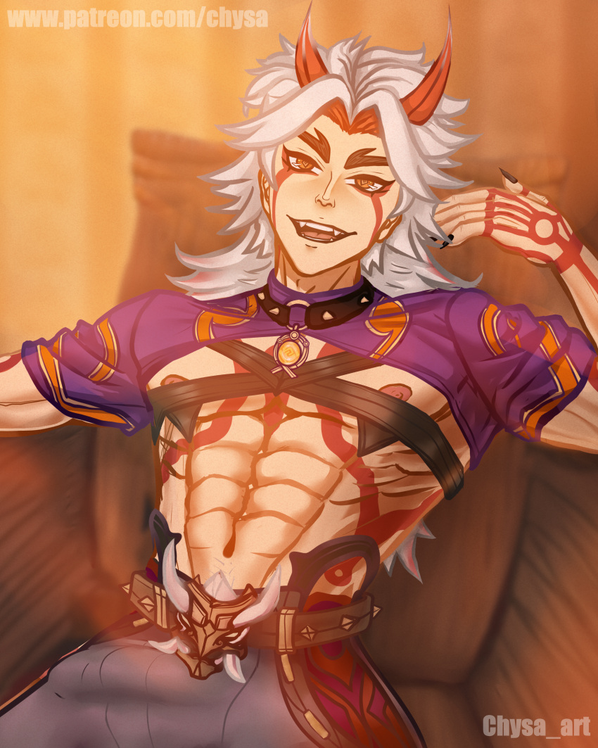 abs arataki_itto boner bulge chysa_art genshin_impact horns male male_only muscles oni orange_eyes solo_male tattoo white_hair