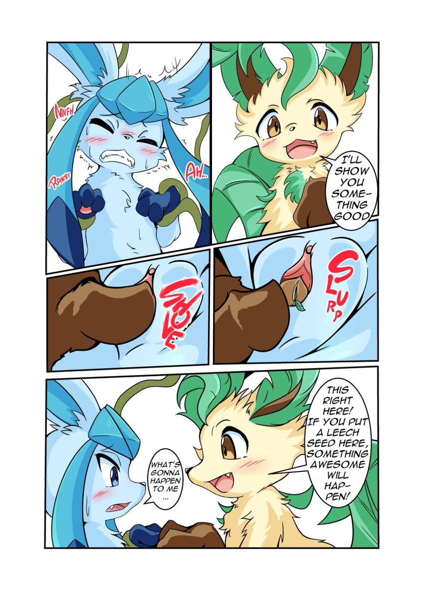 animal_genitalia blush bondage clitoris comic cute_fang eeveelution english english_dialogue english_text female_only furry generation_4_pokemon glaceon kikunyi leafeon pawpads pokémon_(species) pokemon pokemon_(species) pokemon_dppt pussy rape vaginal_object_insertion yuri