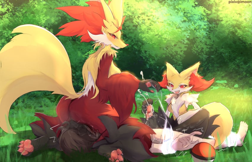 anthro ass blush bodily_fluids braixen breasts canid canine cum delphox erection facesitting female femdom footjob fur generation_6_pokemon genital_fluids genitals hi_res human interspecies male mammal nintendo nude penis pokémon_(species) pokemon pokemon_(species) smile yellow_body yellow_fur yimoon640