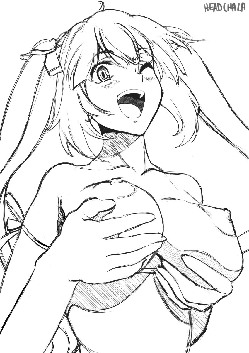 1girls breast_grab breasts dungeon_ni_deai_wo_motomeru_no_wa_machigatteiru_darou_ka female head-cha-la hestia_(danmachi) medium_breasts monochrome nude open_mouth sketch smile tagme twintails white_background