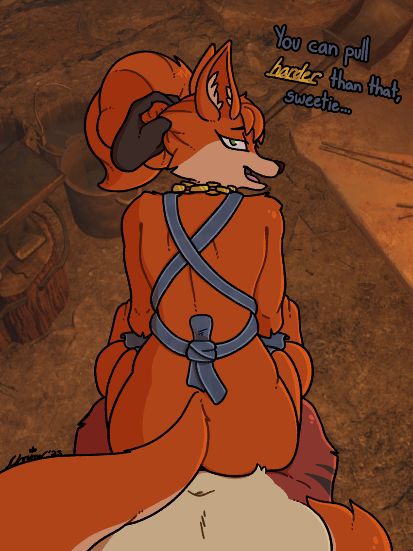 1boy 1boy1girl 1girls absurd_res anthro apron asking_for_it asterigos asterigos:_curse_of_the_stars bedroom_eyes canid canine chrim clothing disembodied_hand duo female fox hair hair_pull hetero hi_res male male/female mammal naked_apron narrowed_eyes pov pov_male pulling_hair rough_sex seductive sex text touching_hair vulcane_(asterigos)