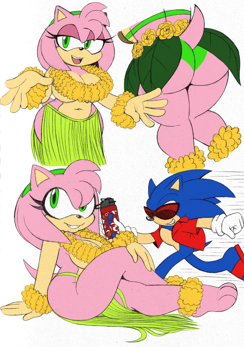 amy_rose anthro ass breasts bubble_butt covered_breasts fur furry furry_only grass_skirt green_bikini green_eyes headband hedgehog hedgehog_girl hedgehog_humanoid huge_breasts hula_dancer hula_girl lei male navel omegasunburst pink_fur pink_hair sonic_(series) sonic_the_hedgehog sonic_the_hedgehog_(series) thick_thighs thong topless upskirt