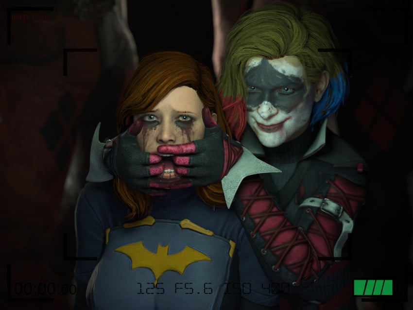 2girls 3d batgirl batgirl_(gotham_knights) batman_(series) blender blender_(software) dc dc_comics female female_only fingers_in_mouth fish_hooking fishhooking gotham_knights harley_quinn harley_quinn_(gotham_knights) open_mouth qyti runny_makeup scared spit tagme