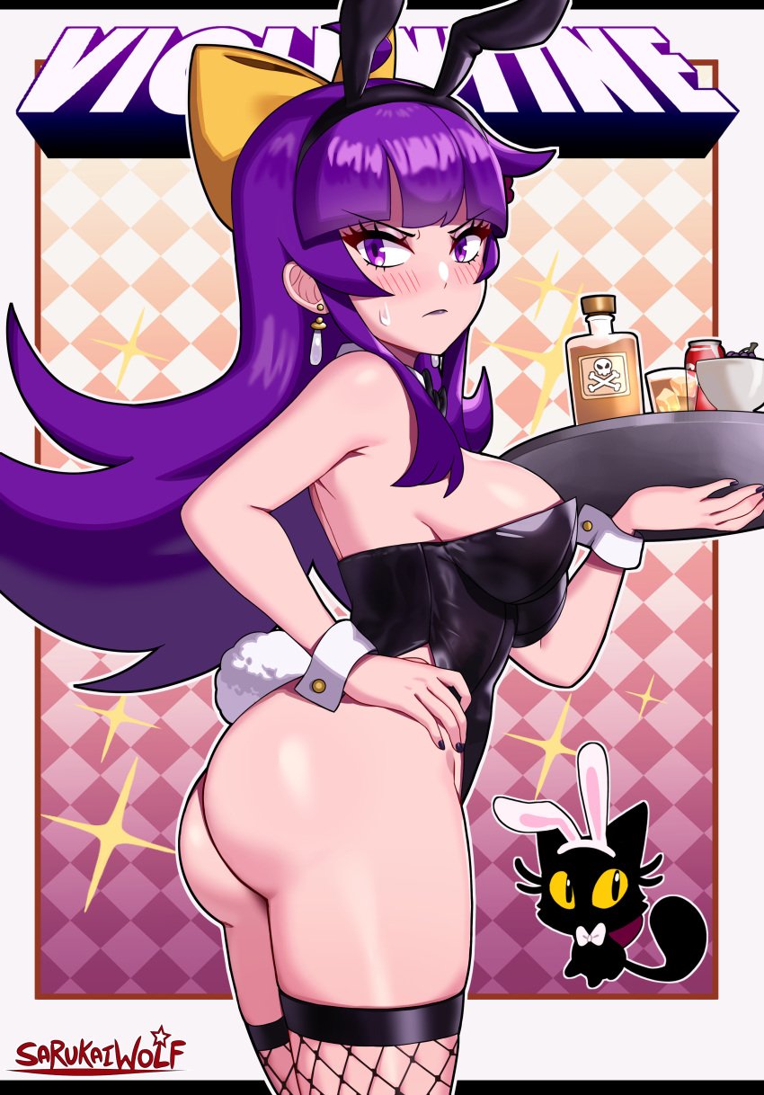 1girls ass big_ass blush bunny_ears bunny_tail bunnysuit eye_contact female female_only fishnet_stockings fishnets fully_clothed leotard long_hair looking_at_viewer oc original purple_eyes purple_hair revealing_clothes sarukaiwolf shiny_clothes skimpy_clothes solo standing stockings thick_thighs violentine_(sarukaiwolf)