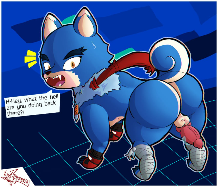 animal_genitalia animal_penis ass balls bandai_namco big_butt blue_body blue_fur bodily_fluids boxing_gloves bubble_butt butt_focus canid canine canine_penis canis claws clothing dialogue digimon digimon_(species) digital_media_(artwork) digitigrade disembodied_hand english_text erection fangs feral fur gaogamon genital_fluids genitals handwear hi_res holding_penis knot looking_back male mammal multicolored_body multicolored_fur outline penis precum rear_view solo speech_bubble suprised_look surprise sweat sweatdrop teeth text thick_thighs tuft voy_barranca_abajo white_body white_fur yellow_eyes