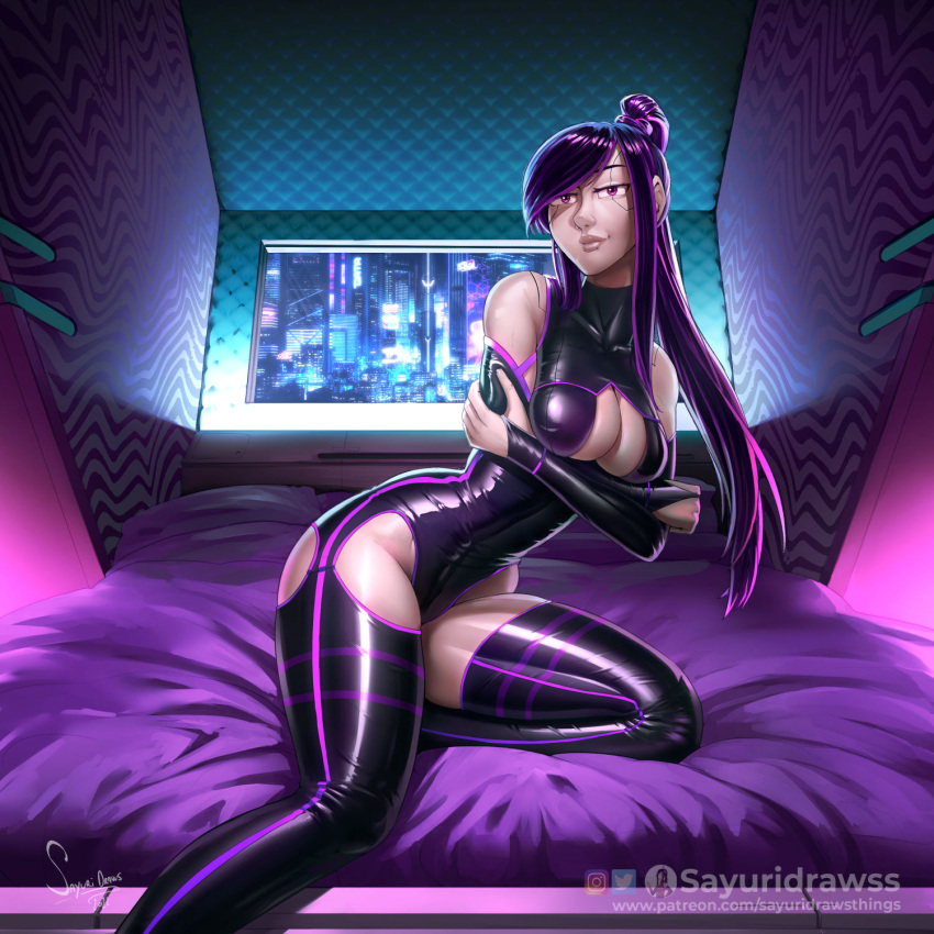 arms_crossed big_breasts cleavage_cutout cybernetics cyberpunk detailed detailed_background holding_breasts hotel latex_suit long_hair looking_at_viewer original pantyhose ponytail purple_eyes purple_hair realistic_textures sayuri_(sayuridrawsthings) sayuridrawsthings solo_female solo_focus squeeze tight_clothing