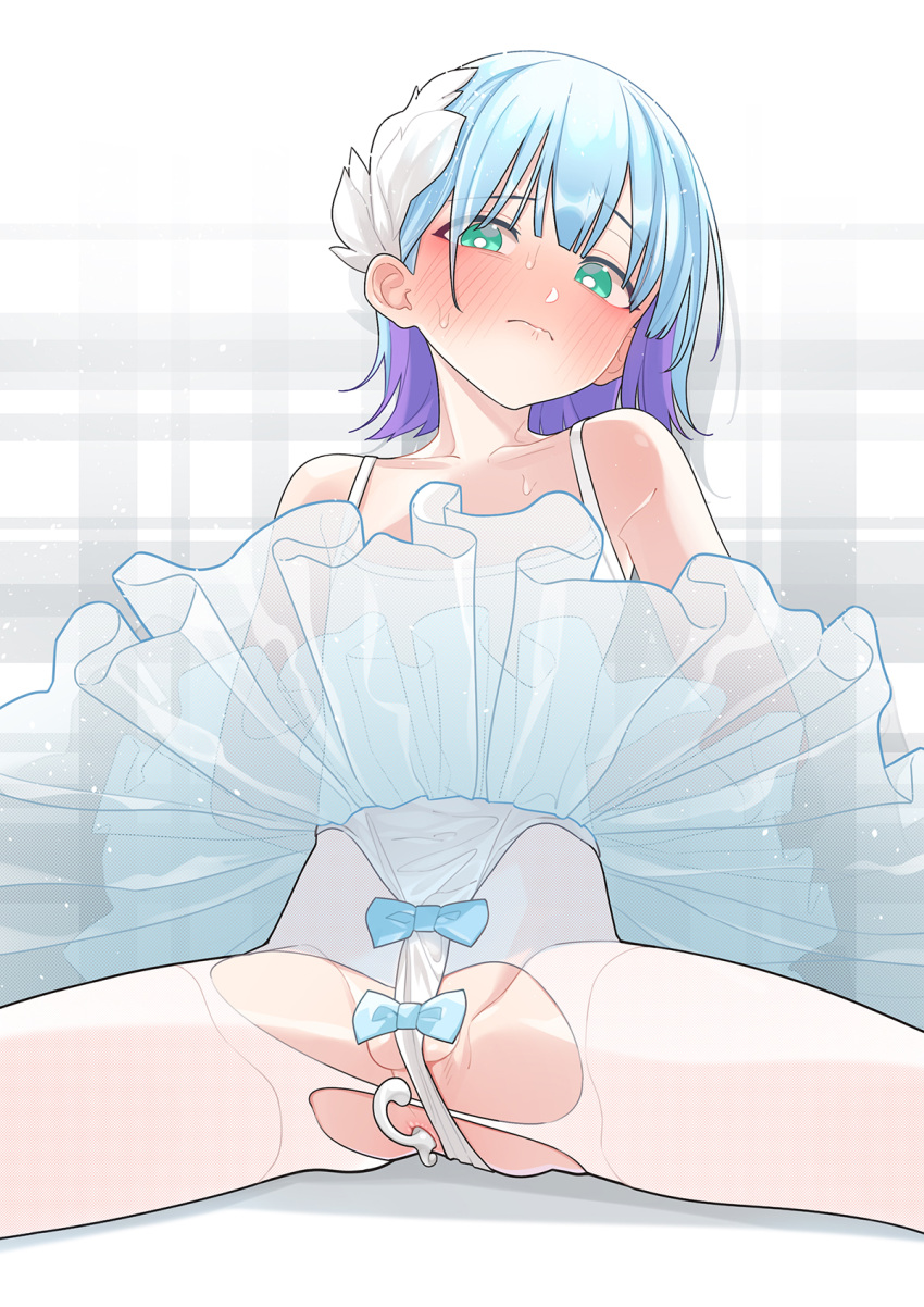 1boy anal anal_masturbation anal_object_insertion aqua_eyes arms_behind_back ass ballet bare_shoulders blue_hair blush crossdressing embarrassed femboy frills girly highres leotard looking_at_viewer male_focus masturbation mubo multicolored_hair object_insertion original otoko_no_ko pantyhose see-through sex_toy sex_toy_in_ass short_hair solo sweat two-tone_hair white_pantyhose