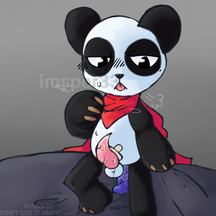 2023 bandai_namco bedroom_eyes black_and_white_fur black_eyes digimon digimon_(species) digital_media_(artwork) dildo dildo_in_ass drooling highres imspor33_(artist) male_only on_bed panda pandamon panting paws penis_out red_scarf scar sitting_on_dildo tongue_out watermark