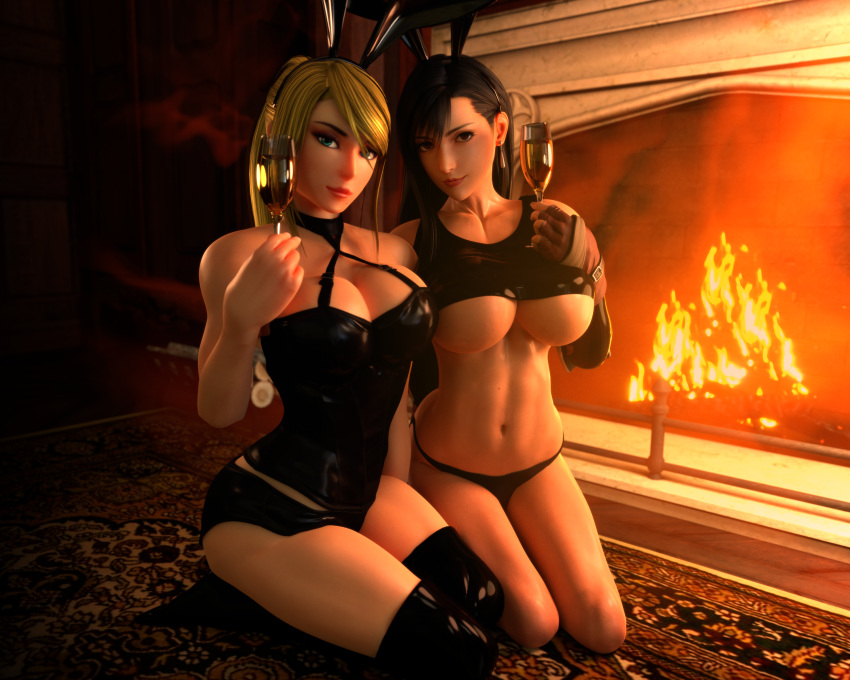 3d adeptusinfinitus alluring black_hair blender blonde_hair blonder blue_eyes bunny_ears champagne choker corset dark_hair final_fantasy final_fantasy_vii fireplace gloves kneeling large_breasts latex light-skinned_female long_hair metroid midriff new_year panties ponytail red_eyes romantic romantic_ambiance romantic_couple samus_aran thighhighs thighs tifa_lockhart underboob