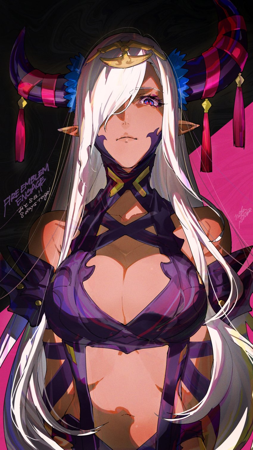 1girls absurd_res bangs bare_shoulders big_breasts blonde_hair blue_eyes breasts chainmail_bikini cleavage dark-skinned_female dark_skin dragon_girl english_text female fire_emblem fire_emblem_engage hair_ornament hair_over_one_eye hi_res highres horns jewelry large_breasts long_hair looking_at_viewer looking_down mature_female mika_pikazo multicolored_hair navel night nintendo official_art ominous pointy_ears purple_eyes purple_ribbon red_eyes revealing_clothes ribbon signature solo tan tassel tassel_hair_ornament white_hair zephia_(fire_emblem)