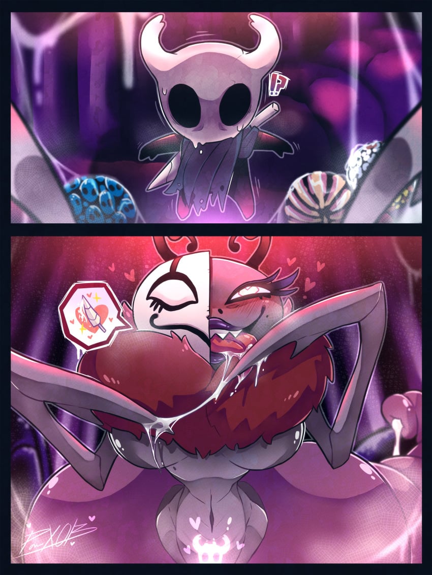 <3_eyes absurd_res anthro aroused arthropod big_breasts blush bodily_fluids breasts dialogue divine_(hollow_knight) duo female first_person_view genitals heart hi_res hollow_knight humanoid insects male mane mask melee_weapon panteon013 protagonist_(hollow_knight) pussy red_body saliva scared size_difference smile speech_bubble sweat sword team_cherry tongue tongue_out vore weapon yellow_eyes yellow_sclera