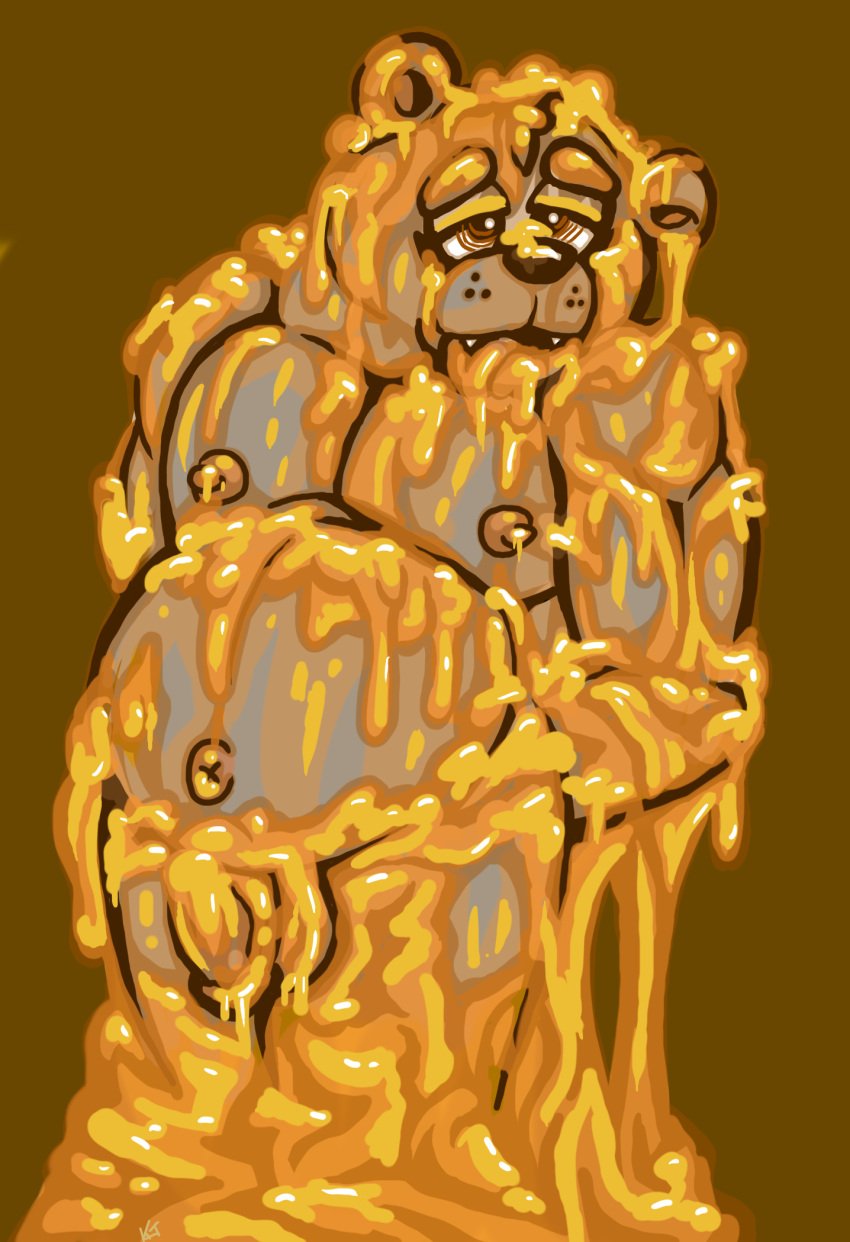 1boy animal_humanoid anthro bear belly belly_overhang big_nipples bondage bound chastity_bulge chastity_device chubby_anthro chubby_male dazed drained dripping flustered food gay goo_creature hi_res honey_(food) humanoid hypnosis hypnotic_eyes kyriecurry male male_focus male_only mammal mammal_humanoid mind_control musclegut navel nipples overweight overweight_male slime slime_bondage solo solo_focus solo_male sticky stuck syrup ursid_humanoid