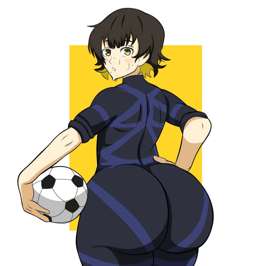 1boy 1male amber_eyes ass ass bachira_meguru big_ass big_ass_(male) big_butt blue_lock blush blushing_at_viewer bodysuit edit eye_contact femboy football_(ball) football_player hand_on_hip huge_ass huge_butt looking_at_viewer looking_back male male_focus male_only metalsplinter short_hair skin_tight solo solo_focus solo_male standing sweat sweatdrop two_tone_hair