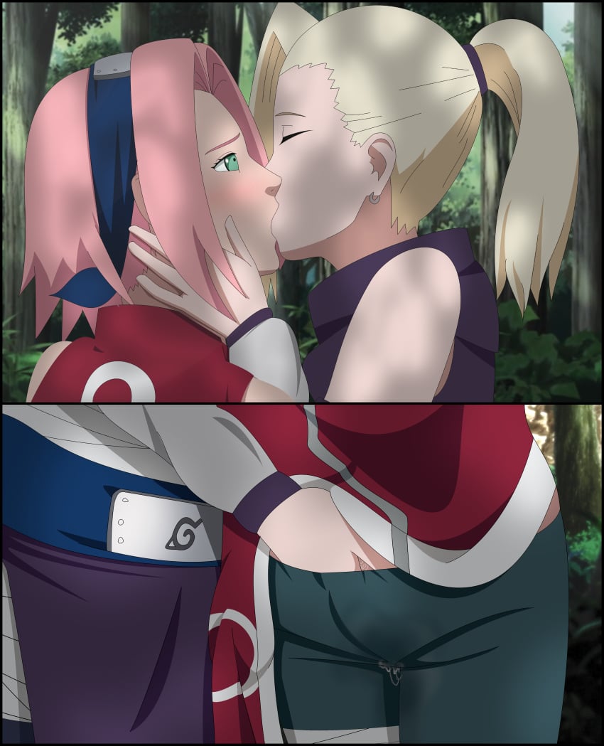 2girls bike_shorts blonde_hair blush closed_eyes female female/female female_only fingering fingering_partner fingering_under_clothes friends green_eyes hand_under_clothes human implied_masturbation implied_sex ino_yamanaka ino_yamanaka(genin) kissing lower_body multiple_girls multiple_views naruto naruto_(classic) naruto_(series) optimystic pink_hair sakura_haruno sakura_haruno(genin) split_screen upper_body wet wet_pussy young yuri