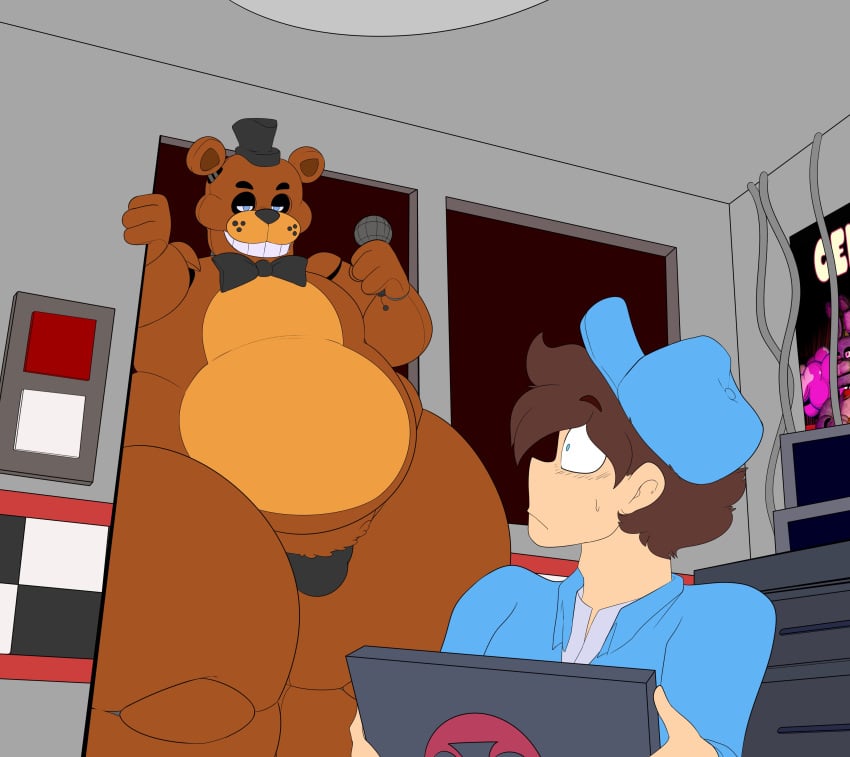 animatronic bear blue_eyes blush bonnie_(fnaf) bowtie brown_fur brown_hair bulge chubby doorway five_nights_at_freddy's flat_colors freddy_(fnaf) hat microphone monitor nightguard no_shading office poster_(object) purple_fur red_eyes sausagesspicy smile standing_in_doorway tagme thick_thighs top_hat uniform window yaoi