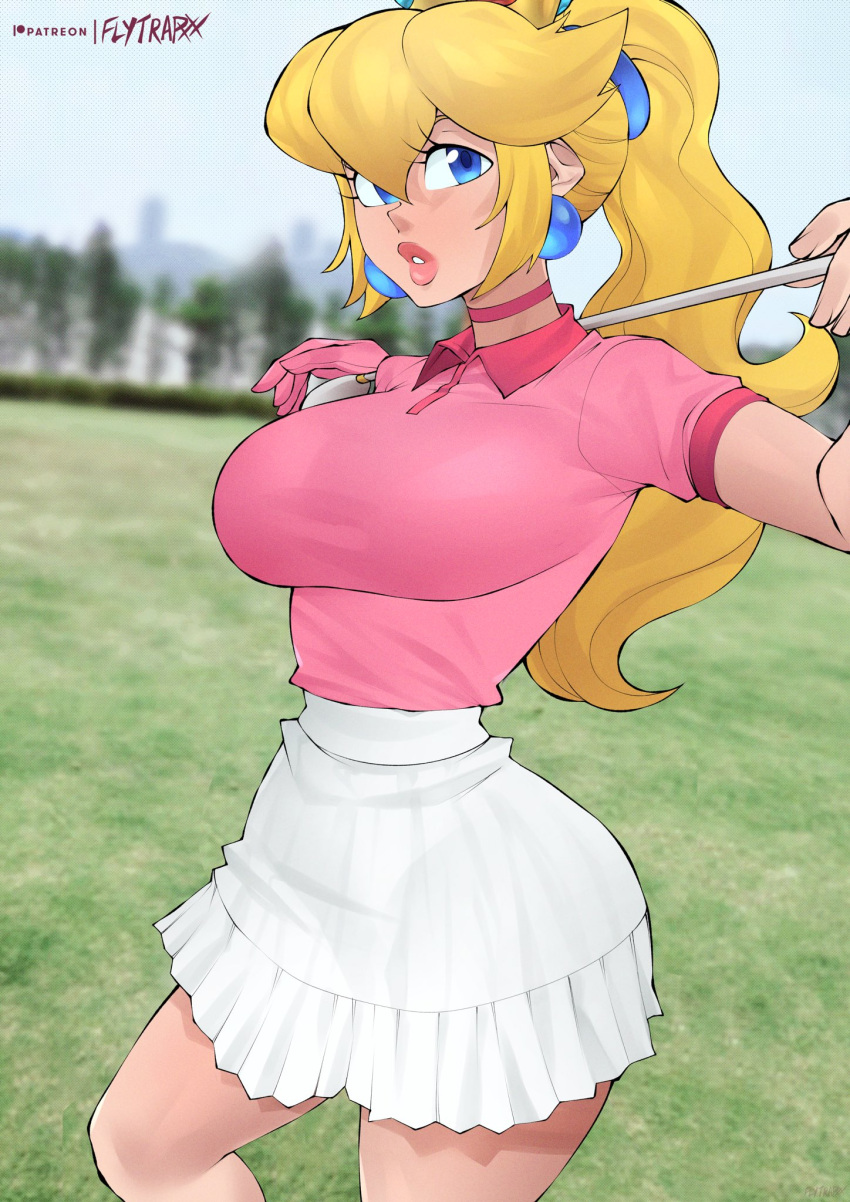 1girls blonde_hair blue_eyes choker earrings female female_only flytrapxx gloves golf golf_club golf_glove golf_outfit large_breasts mario_(series) mario_golf outdoors pink_choker pink_gloves pink_lips pink_lipstick pink_shirt ponytail princess_peach skirt solo standing