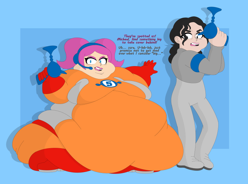 1boy 1boy1girl 1girl 1girls bbw big_belly black_eyes black_hair blue_eyes colbob111 dialogue fat michael_jackson overflowing_belly overweight_female pink_hair ray_gun sega space_channel_5 ssbbw thick_thighs ulala