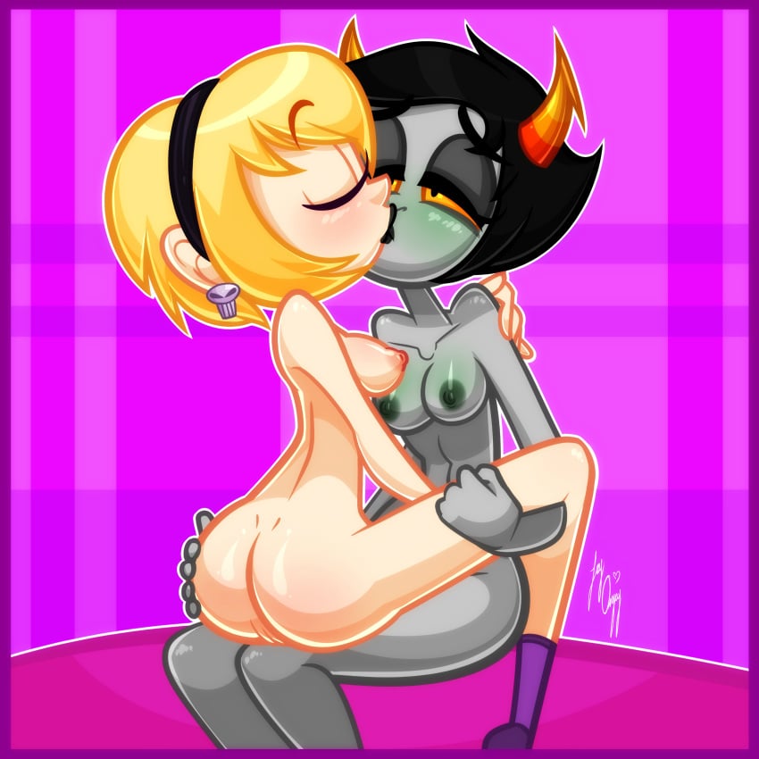 2017 2girls ass ass_grab black_hair black_lipstick blonde_hair blush breasts canon_couple commission crossover digital_media_(artwork) female grey_skin homestuck horn horns j-madeye kanaya_maryam kissing married_couple medium_breasts ms_paint_adventures multiple_girls nipples nude on_lap pussy rose_lalonde slit_eyes socks socks_only thin_waist uncensored white_skin wife_and_wife yellow_sclera yuri