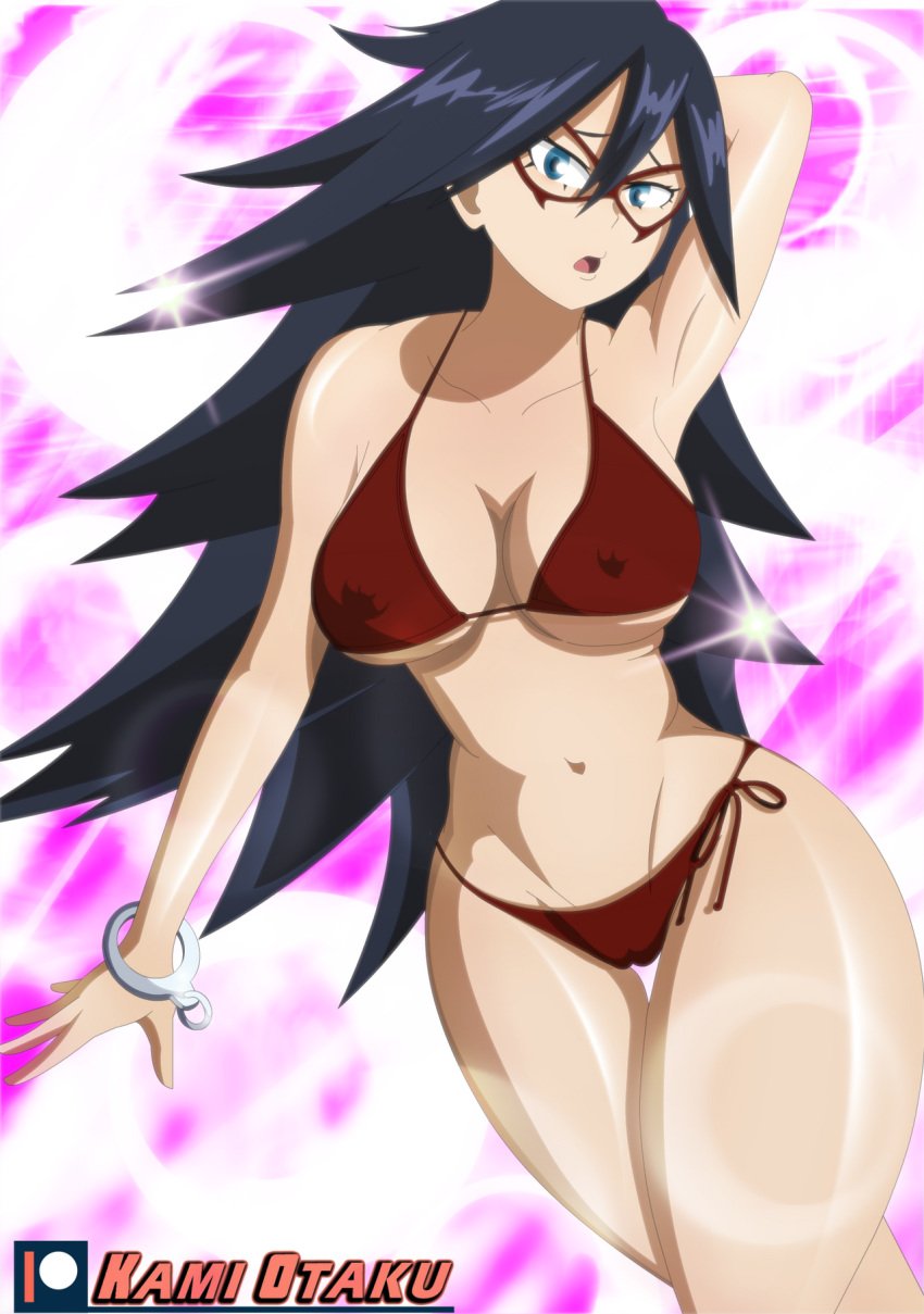 1girls 2019 abstract_background arm_behind_head arm_up armpits artist_name belly_button belt_removed big_breasts bikini bikini_bottom bikini_top black_hair blue_eyes breasts cameltoe cleavage eyelashes eyewear female front_view glasses hand_behind_head handcuffs human kami_otaku large_breasts legs_together lens_flare light-skinned_female light_skin long_hair looking_at_viewer midnight_(my_hero_academia) my_hero_academia navel nemuri_kayama nipple_bulge nipples open_mouth pose posing red_glasses solo standing stomach thick_thighs thigh_gap thighs underboob wide_hips