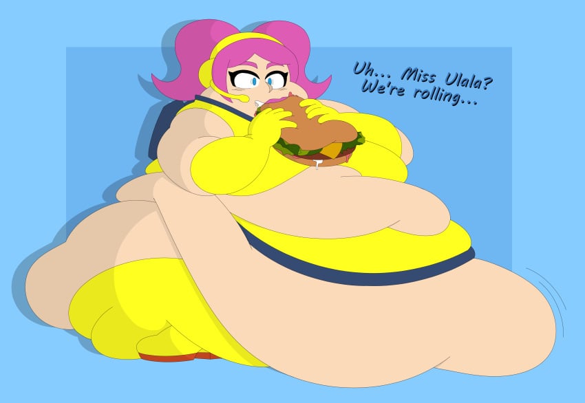 1girls bbw blue_eyes colbob111 eating headphones overflowing_belly overweight_female pink_hair sandwich sbbbw sega space_channel_5 ulala