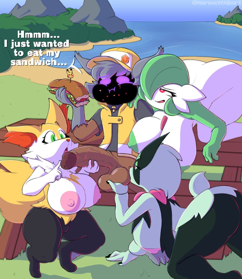 1boy anthro background ball_fondling ball_kissing beach bedroom_eyes big_areola big_balls big_breasts big_butt big_penis black_fur braixen cat_ears cat_tail claws cock_worship collar crumbs dark_skin dialogue eating_food eyelashes finger_on_penis fluffy fluffy_ears fluffy_tail forest gardevoir grass green_areola green_eyes green_fur grey_clothing grey_fur hand_on_penis hand_on_shoulder handjob hat huge_cock kaka_(blazblue) katsukaka_(taokakaguy) large_penis licking_penis meowscarada mountains multiple_girls nini_(taokakaguy) orange_hair partially_clothed picnic picnic_table pink_areola pokémon_(species) pokemon pokemon_(species) pokemon_sv pokephilia purple_eyes red_eyes sandwich two-handed_handjob veiny_penis water werewolf_albert white_fur white_skin yellow_clothing