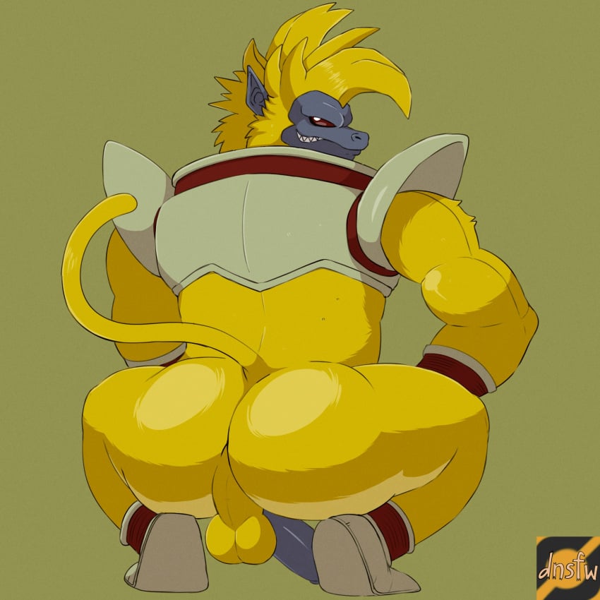 1boy anthro ape ass ass_focus baby_(dragon_ball) balls big_butt broly_culo bubble_ass bubble_butt butt clothing crouching darknsfwindie dragon_ball footwear fur gay genitals haplorhine hi_res male male_focus male_only mammal meme oozaru presenting presenting_hindquarters primate shoes smile smirk solo solo_male tail yellow_body yellow_fur